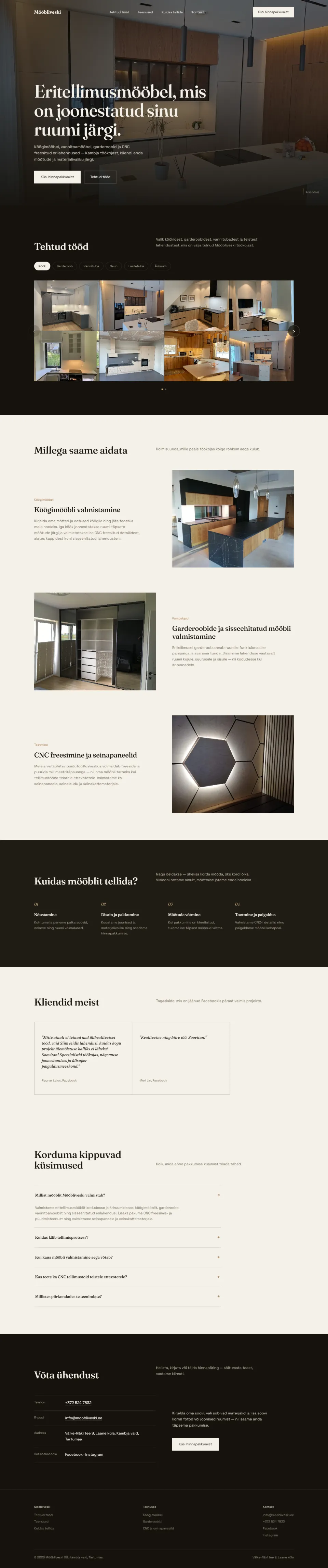 Mööbliveski kodulehe täisvaade: galerii, teenused, tellimise protsess, KKK ja kontakt