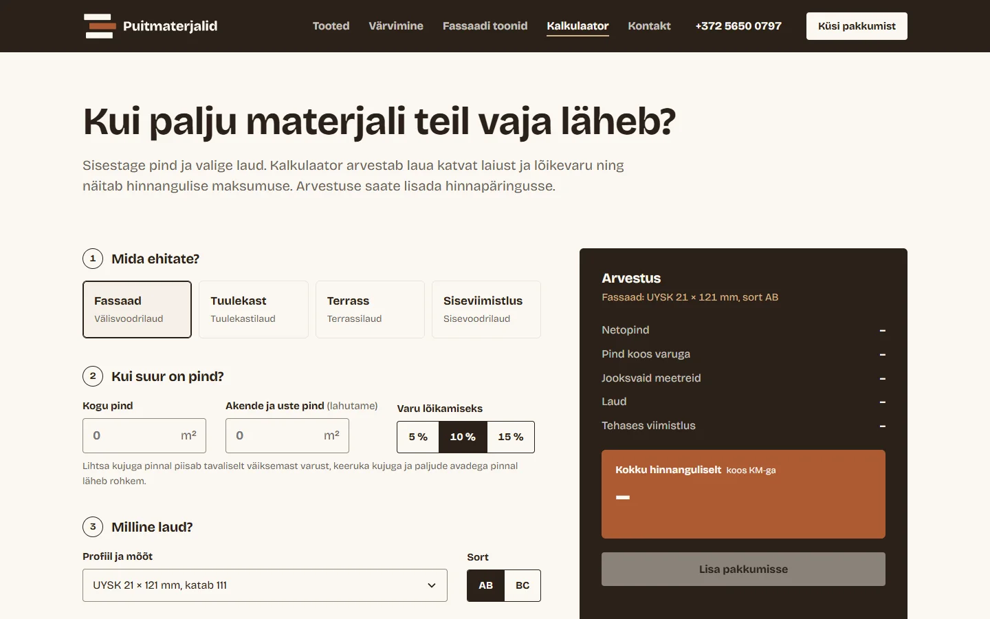 Materjalikulu kalkulaator: pind, laud ja hinnanguline maksumus